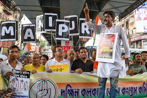 Congress workers in Kolkata protest against sexual assault on women and the ongoing ethnic violence in Manipur on Friday, July 28, 2023. (PTI Photo)